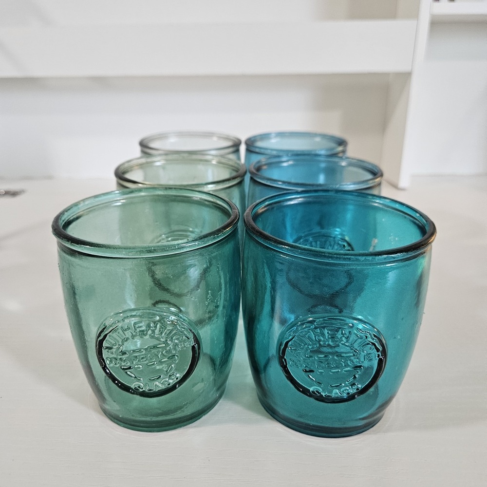 Set of 6 Vidrios San Miguel Spain Recycled Glass 4" Tumblers Teal Aqua AS IS